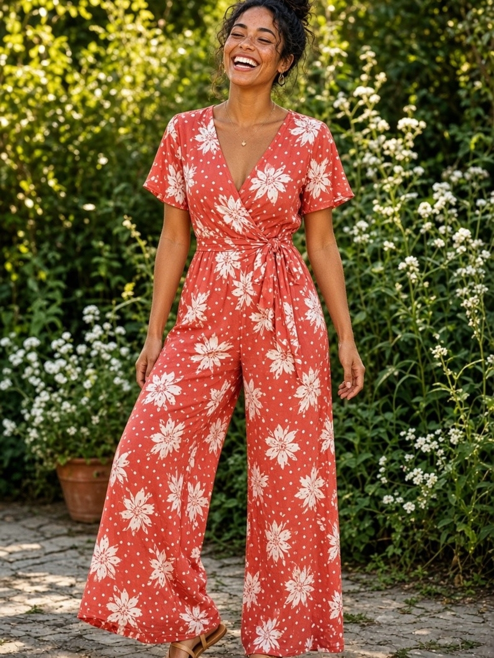 one clothing Rust Floral Wrap Jumpsuit